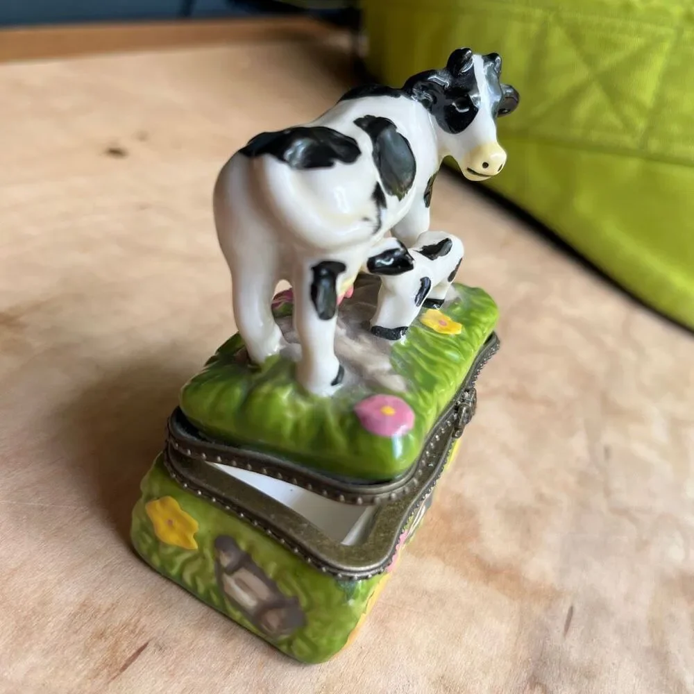 VTG Mama & Baby Cow Trinket Box Ceramic Farmhouse Jewelry Box